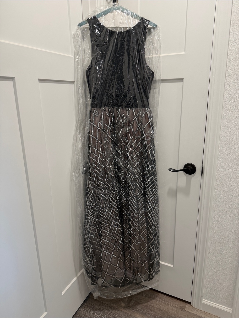 Sleeveless Black Prom Gown with Silver Beaded Skirt